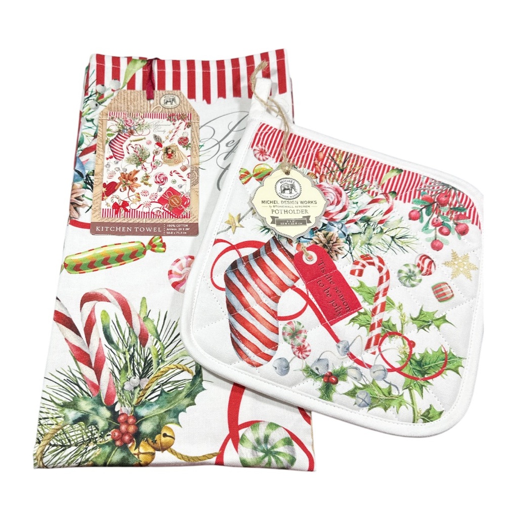 NEW Michel Design Works CHRISTMAS Themed Kitchen Towel & Pot Holder Set/2